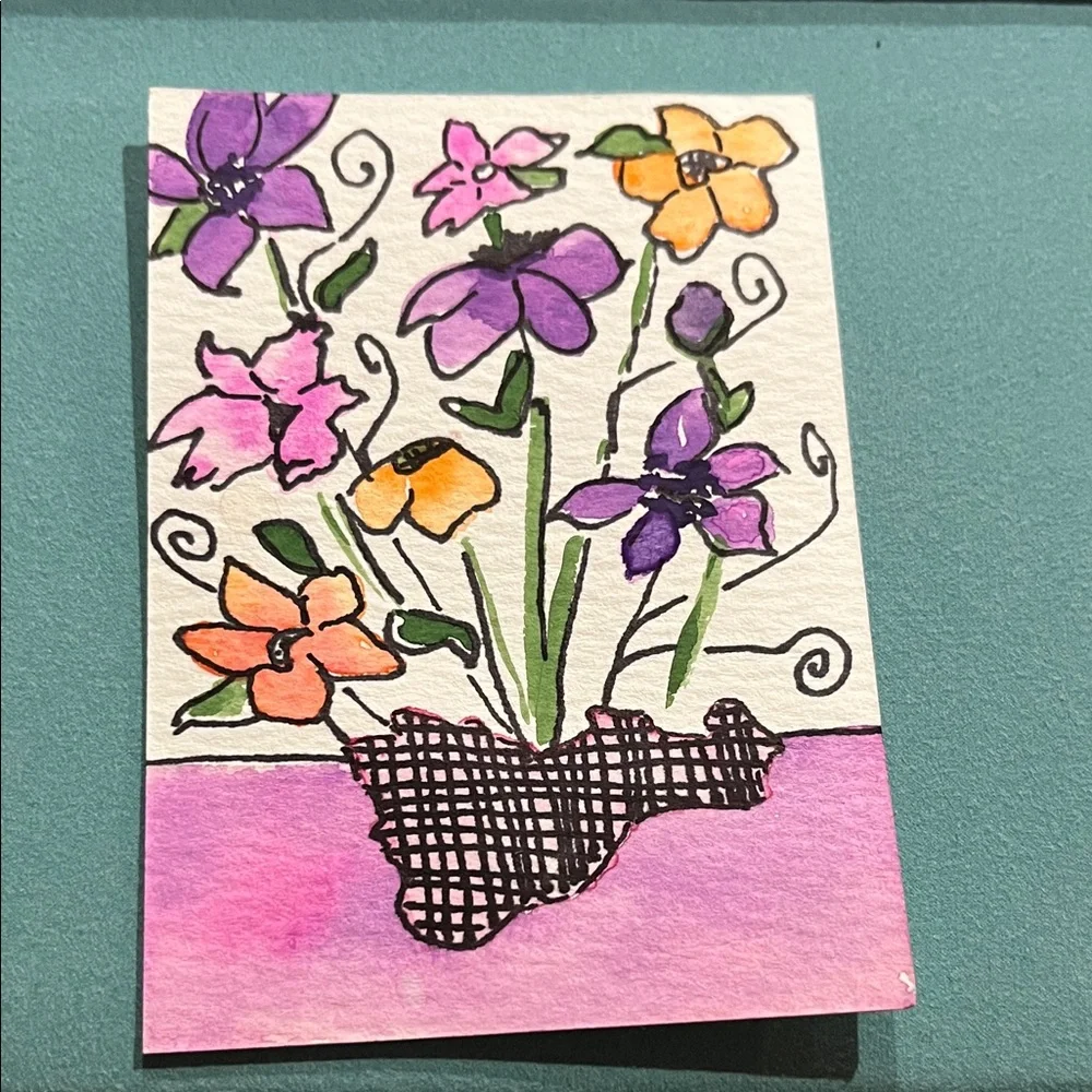 🤑3 for $12 🤑Floral Art Card with Purple and Orange Flowers - Picture 1 of 2
